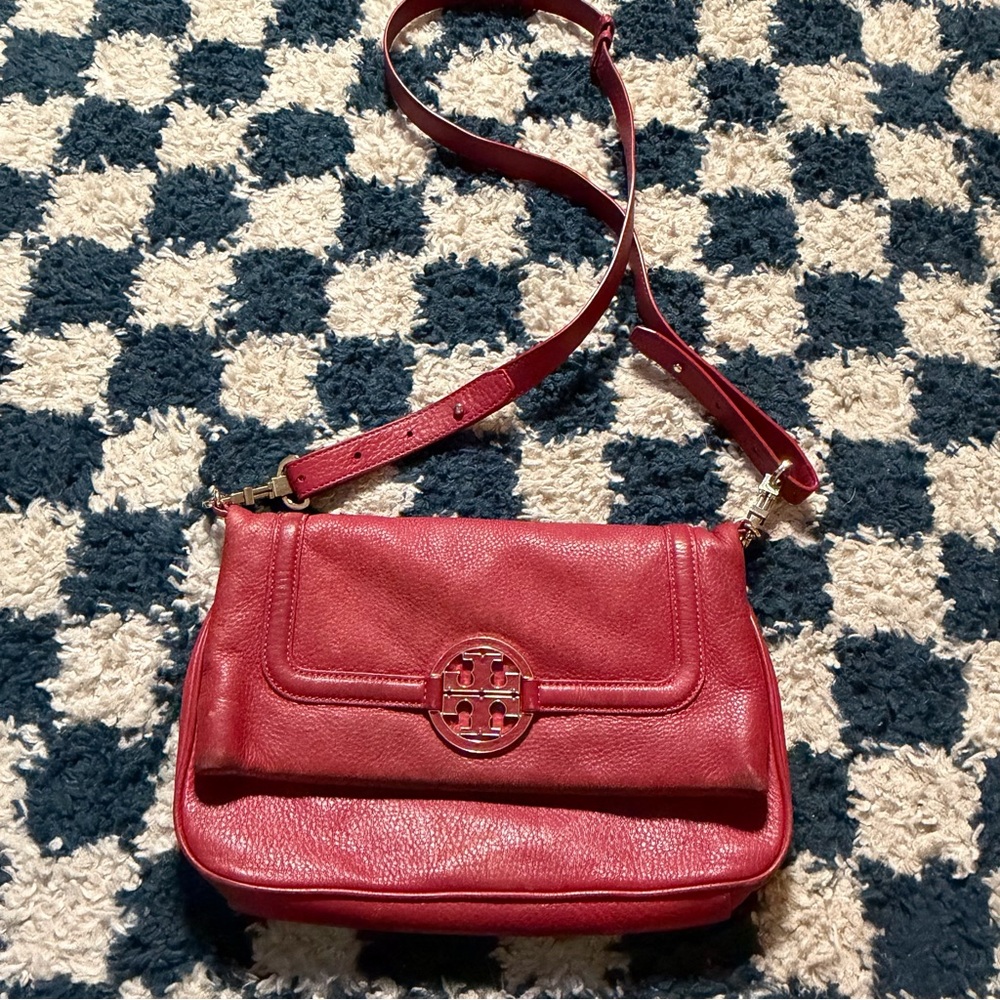 Tory Burch Amanda Fold Over Flame Red Convertible Leather Crossbody or Clutch